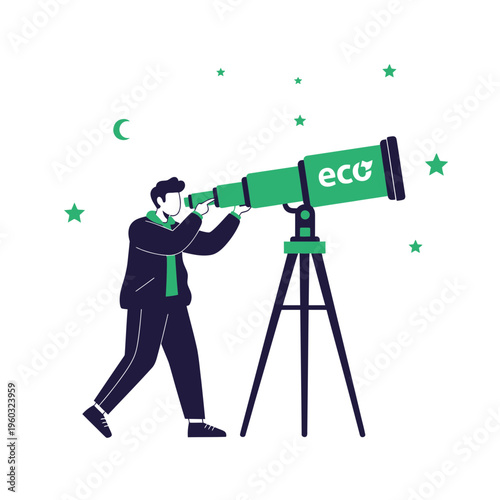 Man Gazing Through Eco-Branded Telescope Towards Future