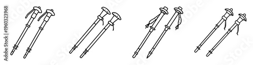 Four pairs of black and white line drawing hiking or trekking poles