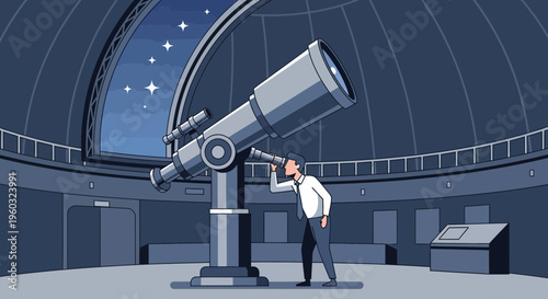 Man Gazing Through Telescope Observing Night Sky Stars Observatory Dome Interior Scene