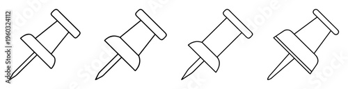 Four stylized black and white push pins with outline vector drawing