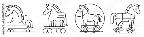 Four stylized Trojan horse illustrations in black and white minimalist style