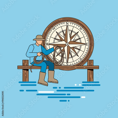 Man Holding Rope Next To Large Nautical Compass On Dock