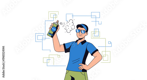 Man Holding Spray Can With Abstract Geometric Design Elements
