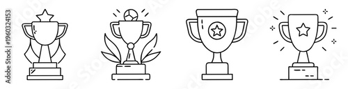 Four different outline trophy awards with stars and a soccer ball