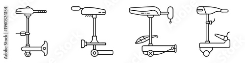 Line art illustration of four different electric trolling motors for boats
