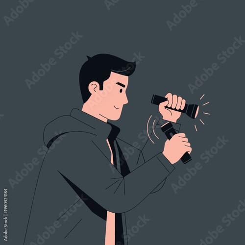 Man Holding Two Flashlights Illuminating Darkness Exploring Mysteries