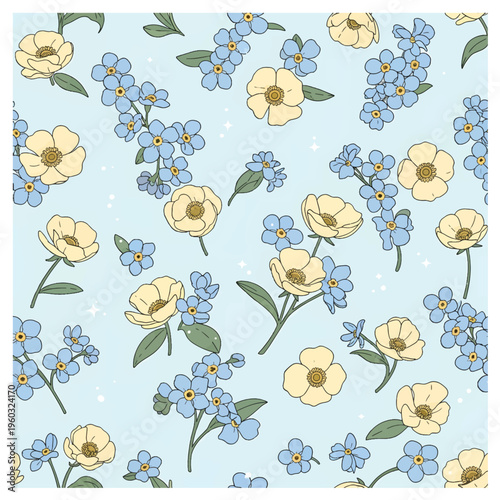 Seamless Pattern of Yellow Buttercups and Blue ForgetMeNots on Light Blue Background.
