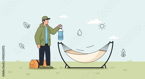Man Holding Water Bottle Preparing For Hammock Relaxation Adventure