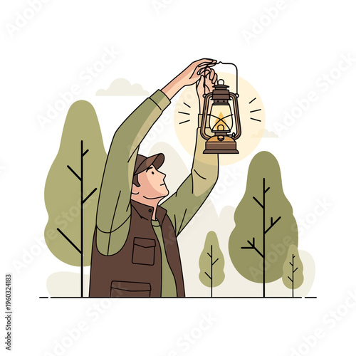 Man Holding Vintage Lantern in Forest Scene Minimalist Art Style Outdoor Adventure
