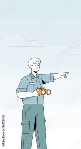 Man Holding Binoculars Points Towards Future Opportunities And Discovery