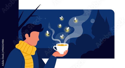 Man Holding Warm Drink Amidst Magical Firefly Night Sky