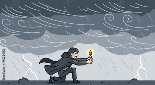 Man Holds Candle Against Stormy Weather Symbolizing Hope