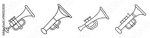 Simple line drawing of four trumpets in varying styles and complexity
