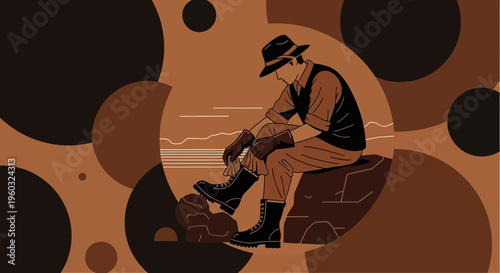 Man In Hat And Vest Sitting On Rocks Enjoying Scenic View Minimalist Art