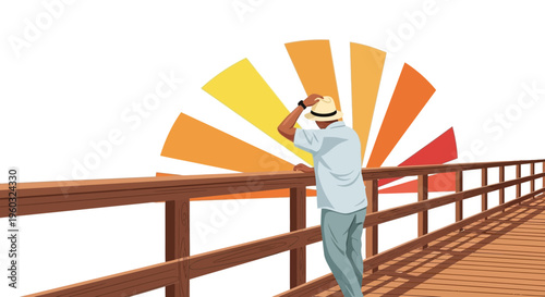 Man In Hat On Boardwalk Looking At Sunset