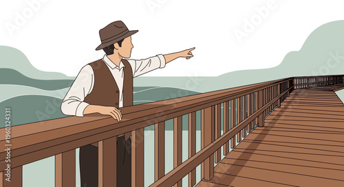 Man In Hat Points Towards Horizon On Wooden Boardwalk