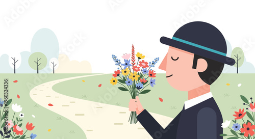 Man In Hat Smelling Bouquet Of Flowers In Nature