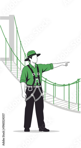 Man In Safety Harness Points Towards Adventure Suspension Bridge