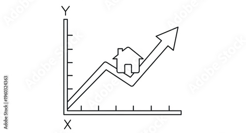 Real estate market growth represented by an upward trending graph with a house icon.