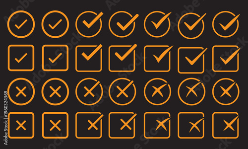 Check tick mark icon set. Cross box x check mark checkbox v list vector draw hand drawn sketch doodle brush marker checklist symbol wrong right circle. Vector Illustration