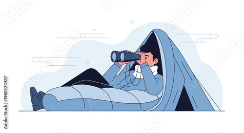 Man In Sleeping Bag Peeking Out With Binoculars