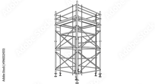 Detailed illustration of a scaffolding structure, construction site equipment, and architectural framework.