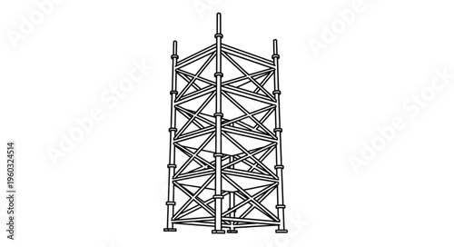 Detailed illustration of a tall, intricate metal scaffolding structure, isolated on white background.