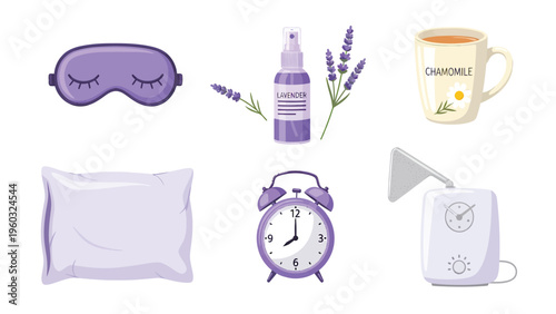 Sleep and Relaxation Essentials: Eye mask, lavender spray, chamomile tea, pillow, alarm clock, and sound machine for restful night.