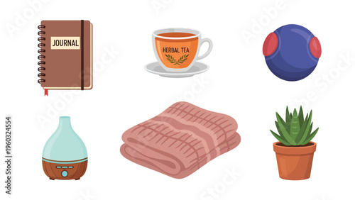 Self-Care and Wellness Objects Collection: Journal, Herbal Tea, Diffuser, Towel, Plant, Exercise Ball for Relaxation