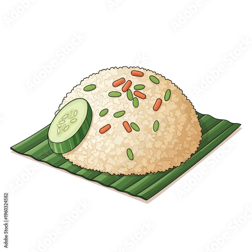 Asian Fried Rice with Cucumber Slice on Banana Leaf