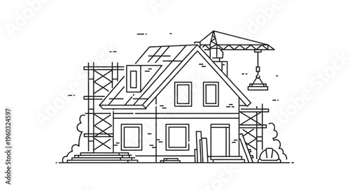 Construction of a new house with a crane and scaffolding, architectural design.