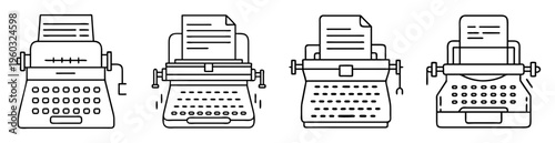 Retro Typewriter Collection Featuring Various Vintage Designs and Styles in Line Art