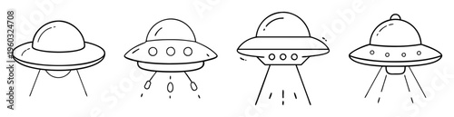 Four monochrome illustrations of different flying saucers with lights and beams