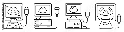 Various stylized medical ultrasound machines displaying different medical images on screen