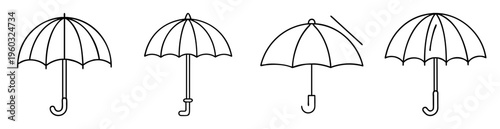 Line drawing of four different umbrella designs in black and white
