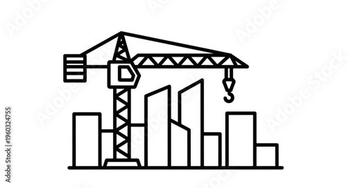 Construction crane towering over city buildings, representing urban development and progress.