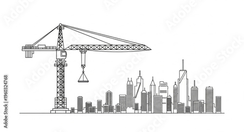 Construction crane towering over city skyline, building new structures and progress.