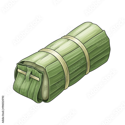 Fresh food wrapped in green banana leaves, tied with twine, isolated on white.