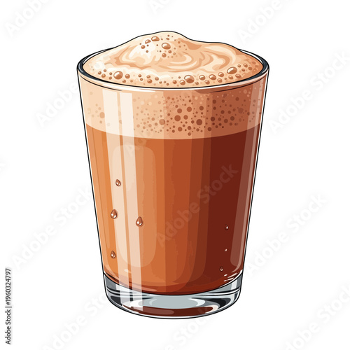 Frothy coffee drink in a glass, isolated on white background.