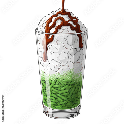 Iced Coffee Dessert with Green Jelly and Chocolate Syrup