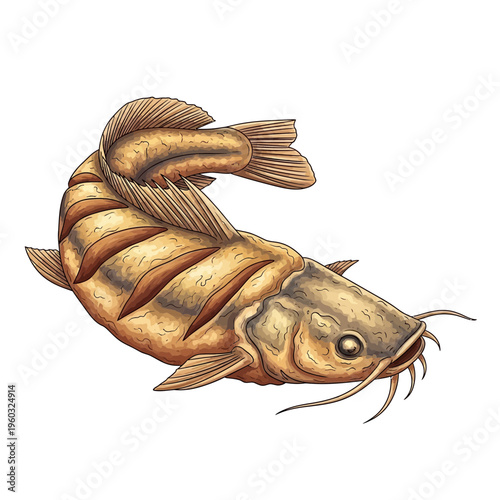 Illustration of a Catfish with prominent barbels against a white background