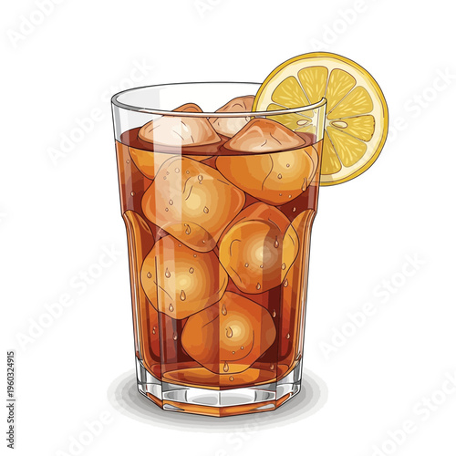 Iced Tea with Lemon Slice and Ice Cubes in Glass