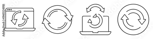 Four minimalistic illustrations conveying update, refresh, synchronization and data migration concept