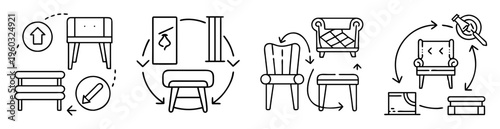 Assembly and disassembly instructions for various types of chairs in line art
