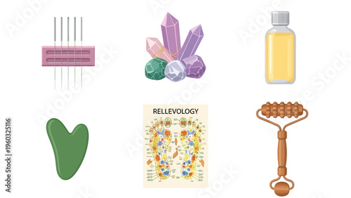 Holistic Wellness and Self-Care Tools Set: Acupuncture, Healing Crystals, Gua Sha, Essential Oil, Reflexology Chart, Face Roller