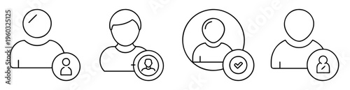 Four user icons with add, verified, and default profiles in simple line art