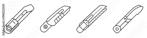 Line art illustration showcasing four different utility knife designs on a white background