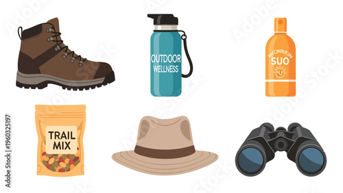 Essential Outdoor Adventure Gear Collection: Hiking Boots, Water Bottle, Sunscreen, Trail Mix, Hat, Binoculars