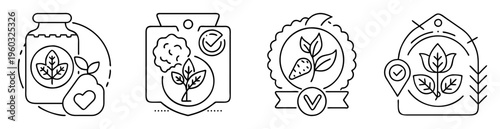 Various organic vegan dietary supplement food badge icons in outline style