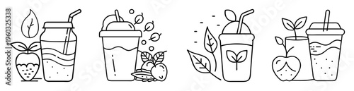 Line art illustration of smoothies and fruit representing healthy living and wellness